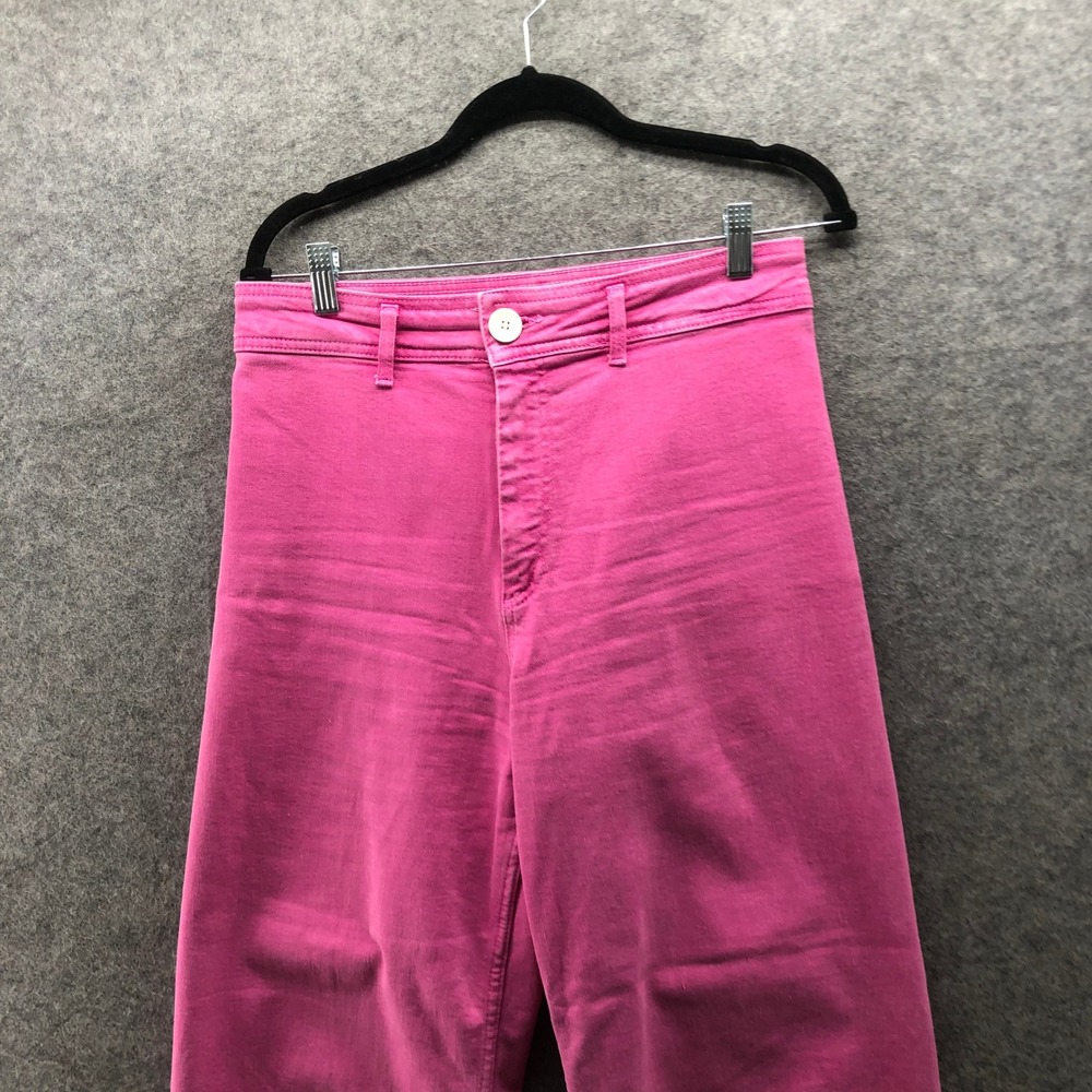 Zara High Waisted Wide Leg Pink Jeans Womens 8 Frayed Barbie Stretch - Picture 3 of 10